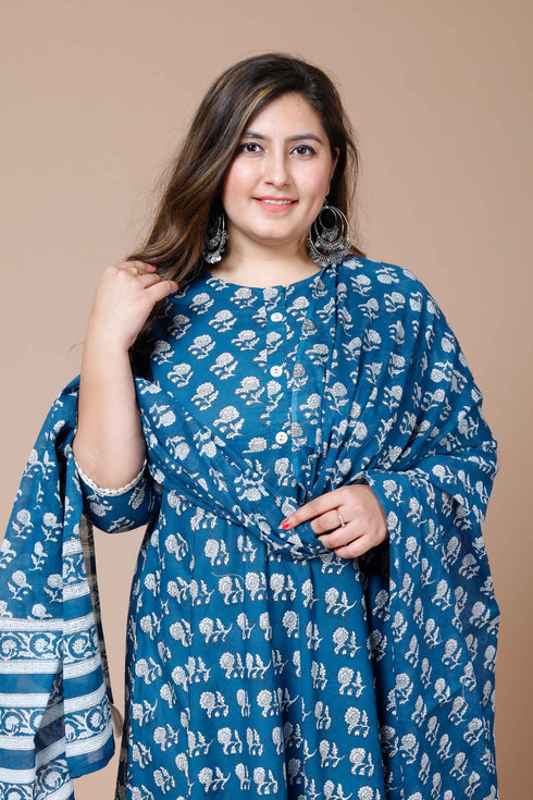 Miravan Womens Plus Size Blue Printed Anarkali Kurta With Dupatta