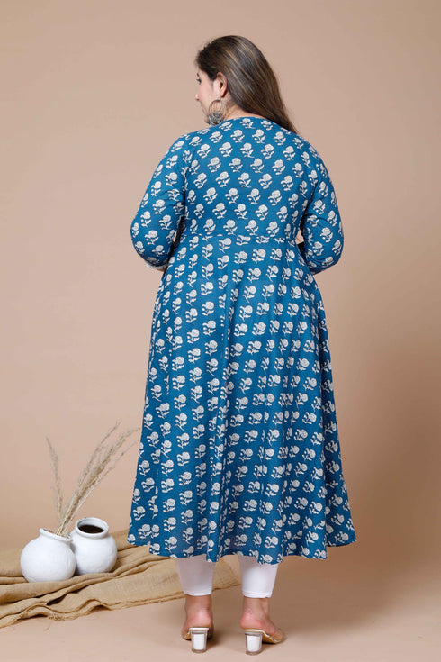 Miravan Womens Plus Size Blue Printed Anarkali Kurta With Dupatta