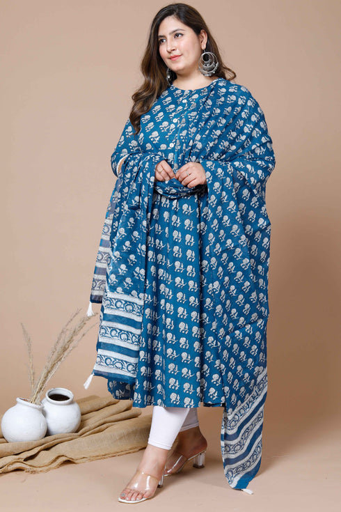Miravan Womens Plus Size Blue Printed Anarkali Kurta With Dupatta