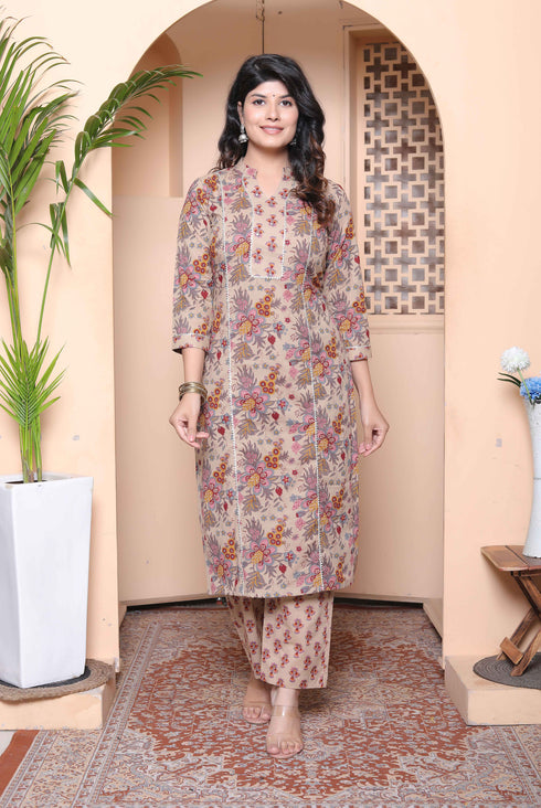 Miravan Womens Pure Cotton Straight Floral printed Kurta with Palazzo Multicolor
