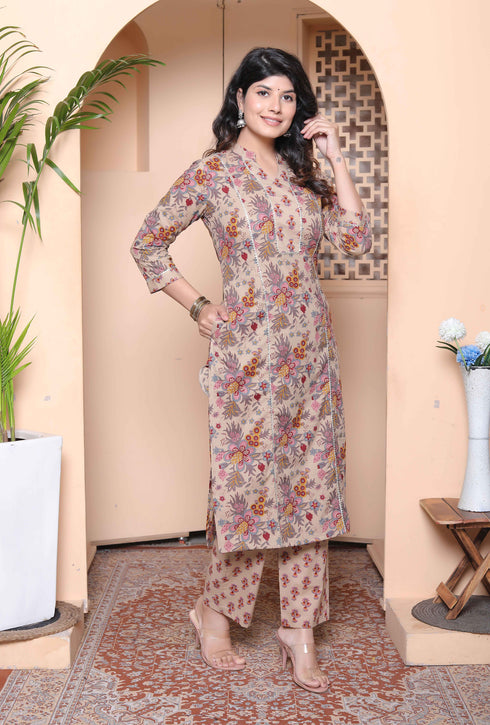 Miravan Womens Pure Cotton Straight Floral printed Kurta with Palazzo Multicolor