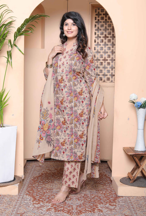 Miravan Womens Multicolor Floral Printed Pure Cotton Kurta and Palazzo with Dupatta Set