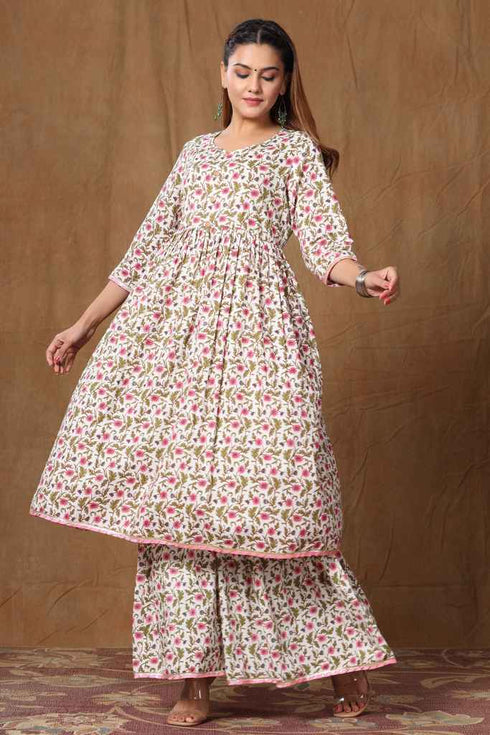 Miravan Womens Pink Cotton Floral Print Anarkali Kurta Sharara