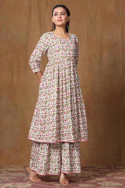 Miravan Womens Pink Cotton Floral Print Anarkali Kurta Sharara