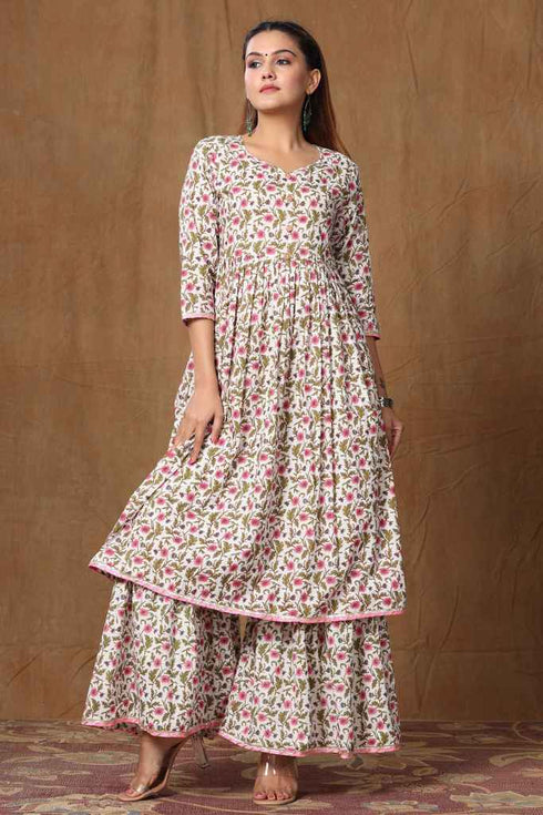 Miravan Womens Pink Cotton Floral Print Anarkali Kurta Sharara