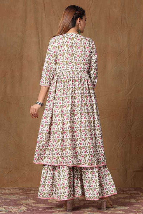 Miravan Womens Pink Cotton Floral Print Anarkali Kurta Sharara