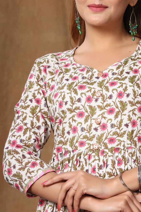 Miravan Womens Pink Cotton Floral Print Anarkali Kurta Sharara