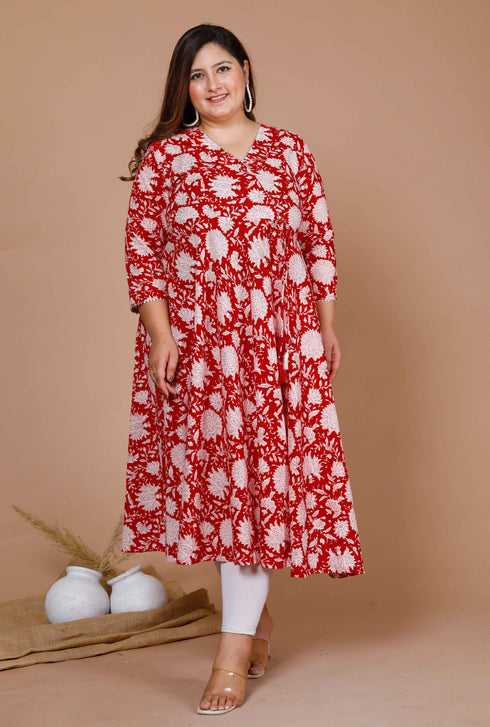 Miravan Womens Red Plus Size Pure Cotton Floral Printed Anarkali Kurta