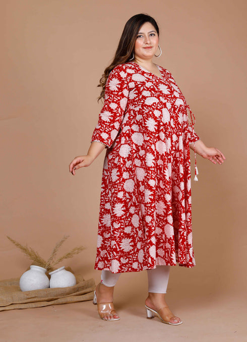 Miravan Womens Red Plus Size Pure Cotton Floral Printed Anarkali Kurta