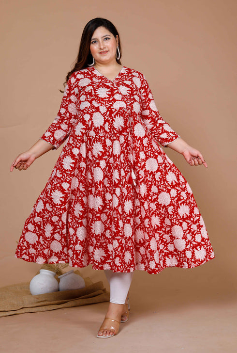 Miravan Womens Red Plus Size Pure Cotton Floral Printed Anarkali Kurta