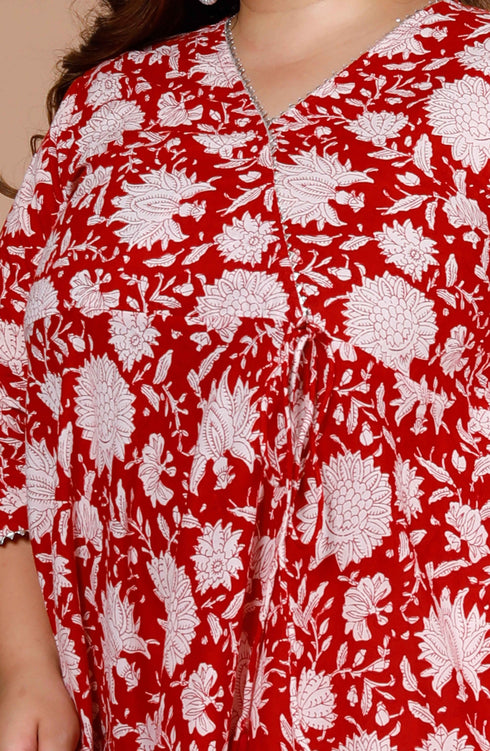 Miravan Womens Red Plus Size Pure Cotton Floral Printed Anarkali Kurta