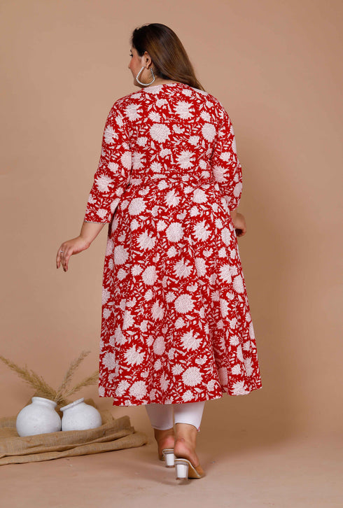 Miravan Womens Red Plus Size Pure Cotton Floral Printed Anarkali Kurta