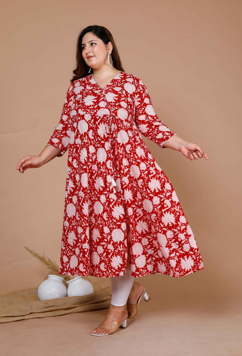 Miravan Womens Red Plus Size Pure Cotton Floral Printed Anarkali Kurta