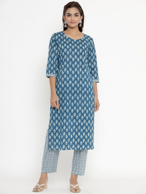 Miravan Womens Blue Pure Cotton Straight Kurta And Palazzo Set