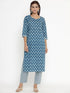 Miravan Womens Blue Pure Cotton Straight Kurta And Palazzo Set