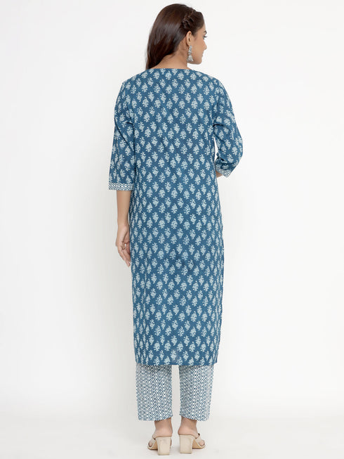 Miravan Womens Blue Pure Cotton Straight Kurta And Palazzo Set