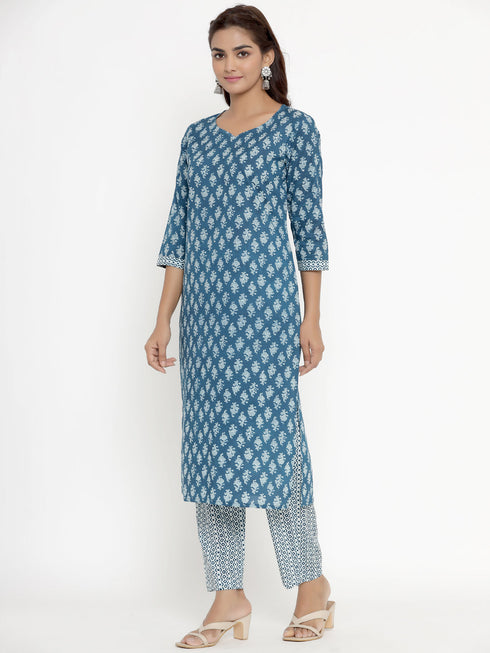 Miravan Womens Blue Pure Cotton Straight Kurta And Palazzo Set