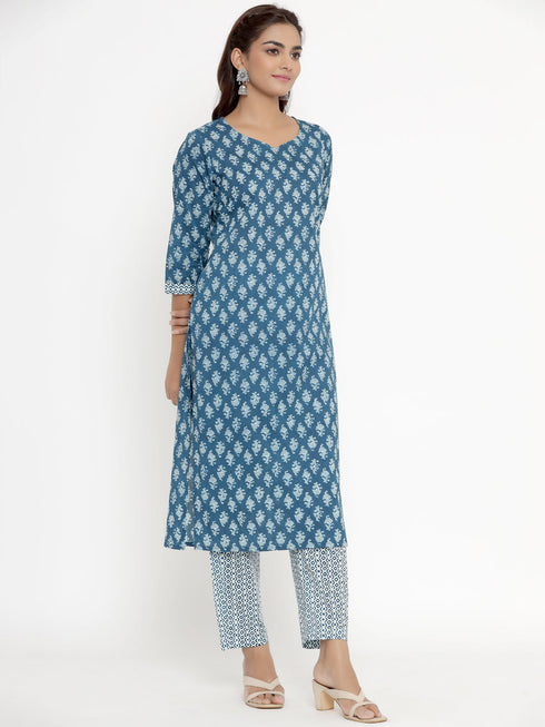 Miravan Womens Blue Pure Cotton Straight Kurta And Palazzo Set