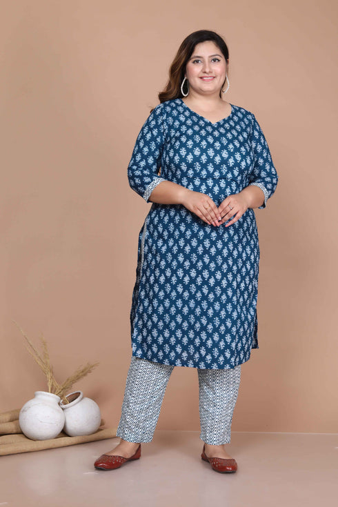 Miravan Womens Blue Plus Size Pure Cotton Straight Kurta And Palazzo Set