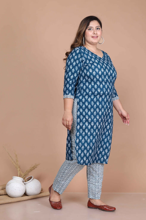 Miravan Womens Blue Plus Size Pure Cotton Straight Kurta And Palazzo Set