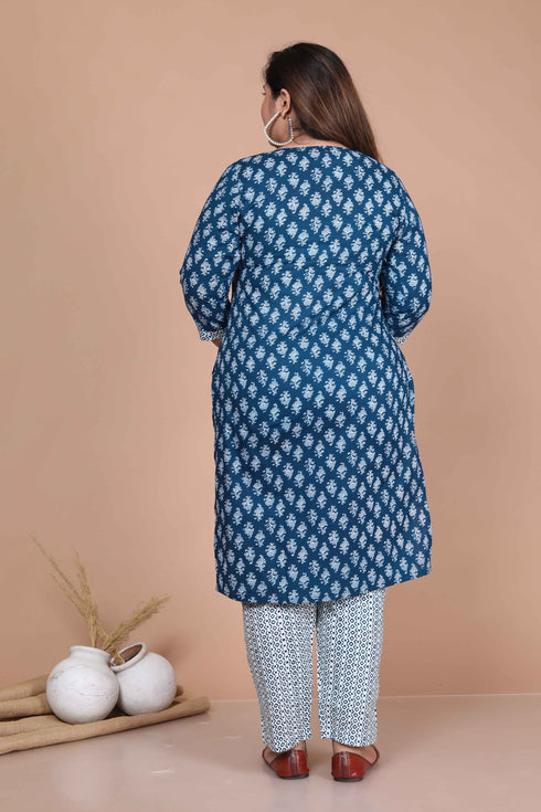 Miravan Womens Blue Plus Size Pure Cotton Straight Kurta And Palazzo Set