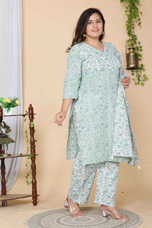 Miravan Womens Green Plus Size Floral Printed Straight Kurta And Palazzo With Dupatta Set