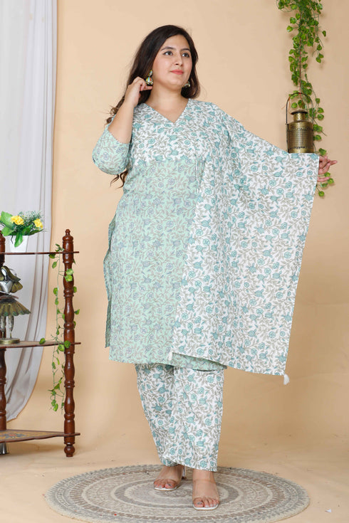 Miravan Womens Green Plus Size Floral Printed Straight Kurta And Palazzo With Dupatta Set