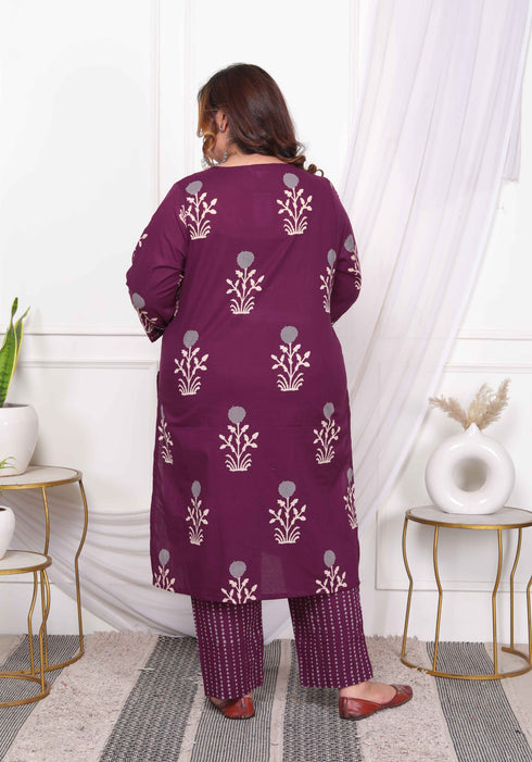 Miravan Womens Plus Size Cotton Fabric Purple Color Kurta With Palazzo And Dupatta