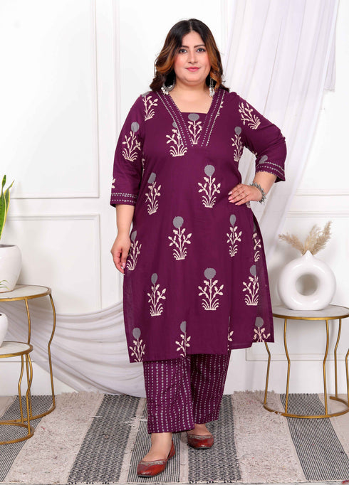 Miravan Womens Plus Size Cotton Fabric Purple New Style Kurta With Palazzo
