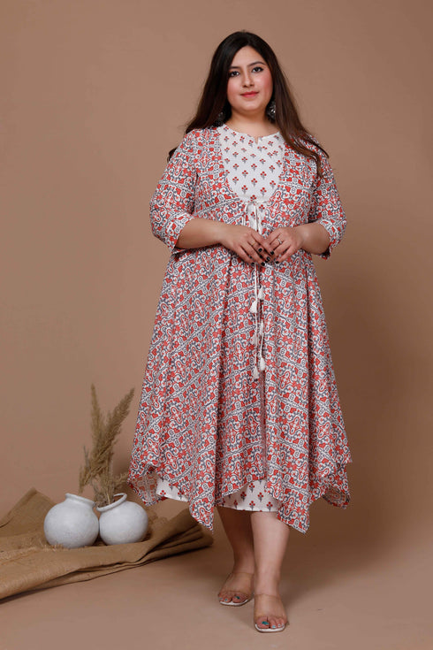 Miravan Womens Orange Plus Size Printed Anarkali Kurta With Jacket