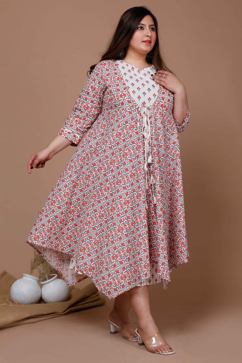 Miravan Womens Orange Plus Size Printed Anarkali Kurta With Jacket