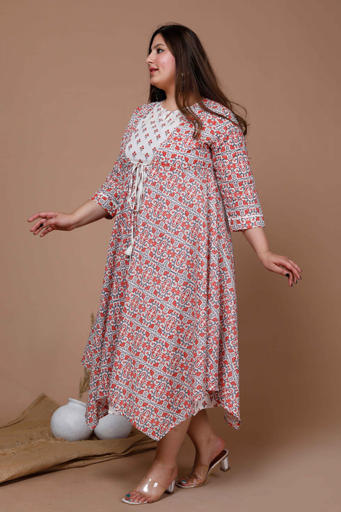 Miravan Womens Orange Plus Size Printed Anarkali Kurta With Jacket