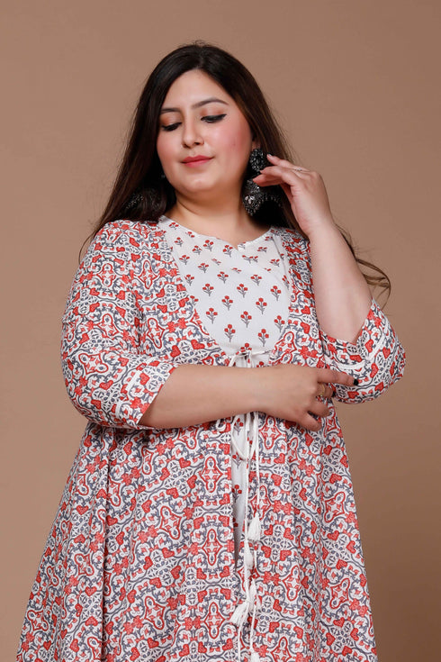 Miravan Womens Orange Plus Size Printed Anarkali Kurta With Jacket