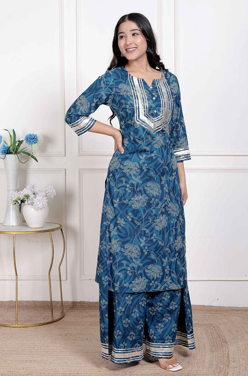 Miravan womens Cotton Floral Printed V Neck Kurta with Flared Palazzo