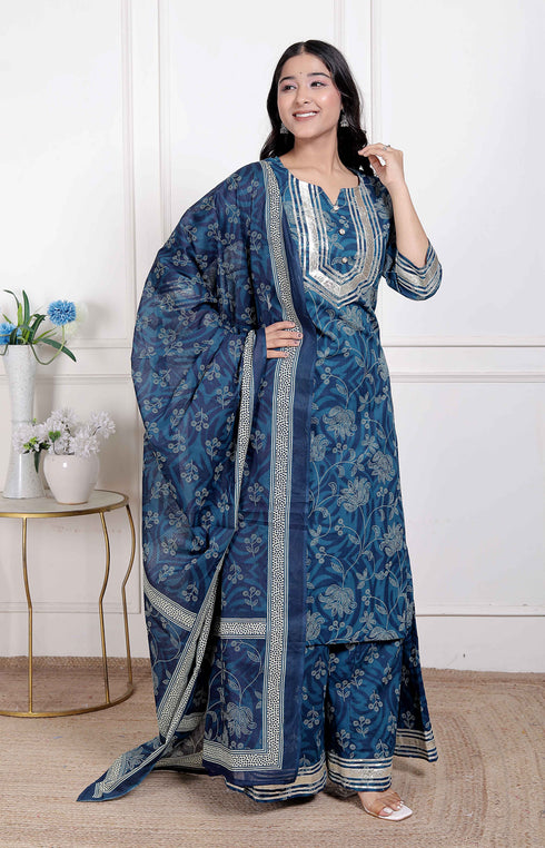 Miravan Womens Gota Patti cotton Kurta Paired with Palazzo and Dupatta