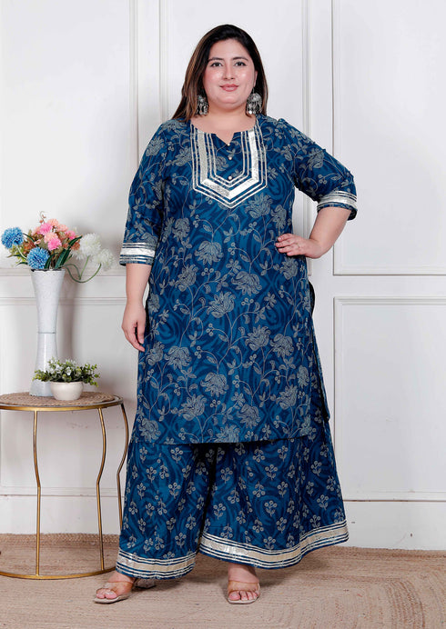 Miravan Plus Size womens Cotton Floral Printed V Neck Kurta with Flared Palazzo