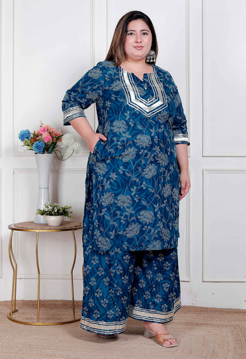 Miravan Plus Size womens Cotton Floral Printed V Neck Kurta with Flared Palazzo