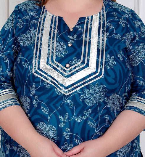 Miravan Plus Size womens Cotton Floral Printed V Neck Kurta with Flared Palazzo