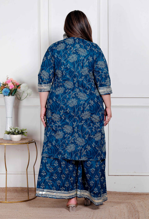 Miravan Plus Size womens Cotton Floral Printed V Neck Kurta with Flared Palazzo