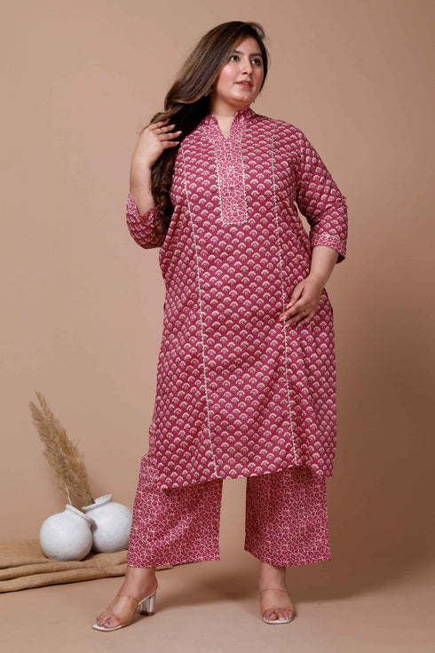Miravan Womens Plus Size Pink Printed Gota Patti Cotton Kurta With Palazzo