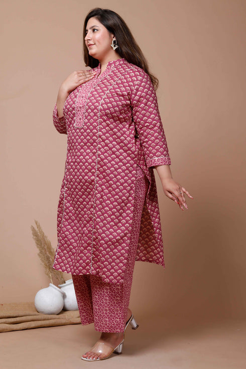 Miravan Womens Plus Size Pink Printed Gota Patti Cotton Kurta With Palazzo
