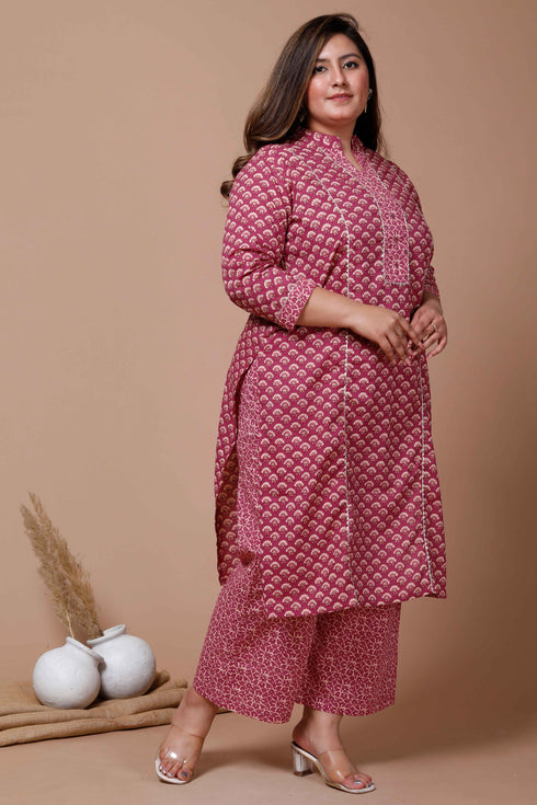 Miravan Womens Plus Size Pink Printed Gota Patti Cotton Kurta With Palazzo