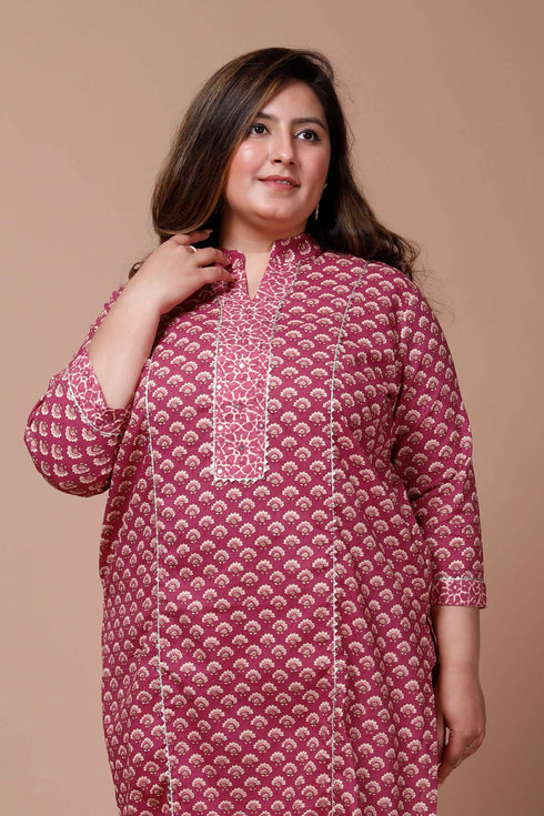 Miravan Womens Plus Size Pink Printed Gota Patti Cotton Kurta With Palazzo
