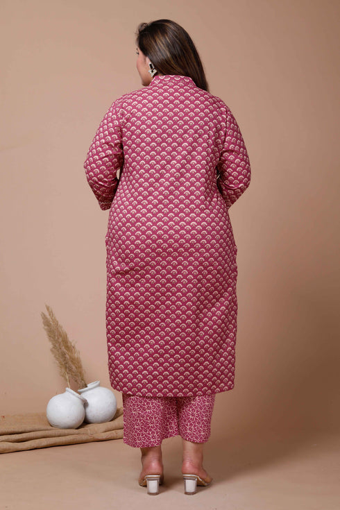 Miravan Womens Plus Size Pink Printed Gota Patti Cotton Kurta With Palazzo
