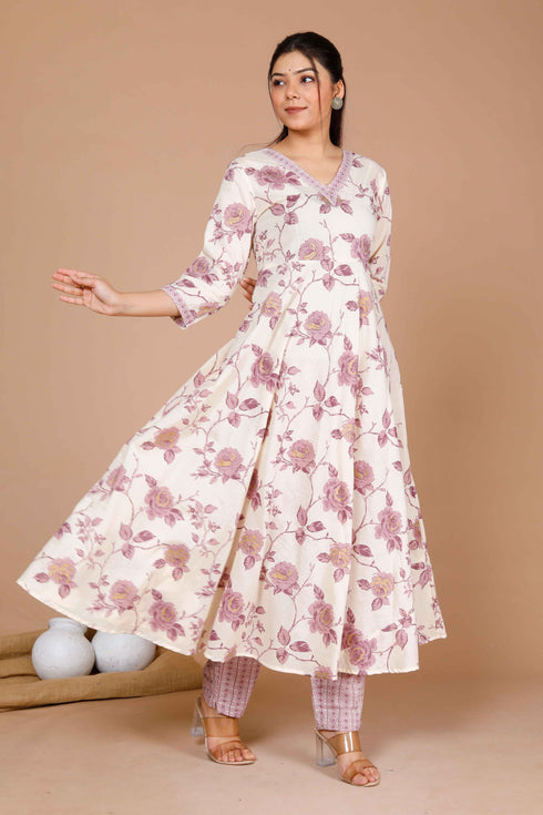 Miravan Womens Pink Floral Printed Anarkali Kurta With Palazzo