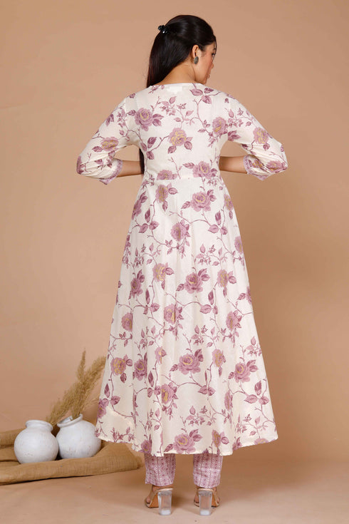 Miravan Womens Pink Floral Printed Anarkali Kurta With Palazzo