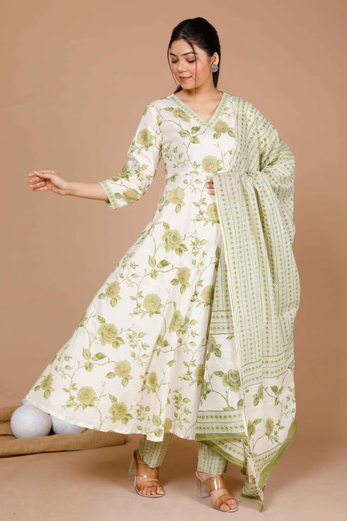 Miravan Womens Green Printed Anarkali Kurta With Palazzo And Dupatta