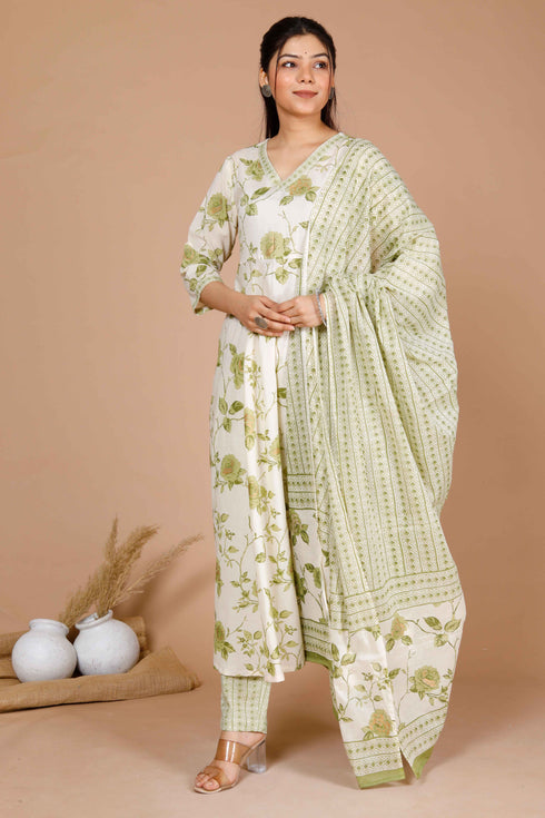 Miravan Womens Green Printed Anarkali Kurta With Palazzo And Dupatta