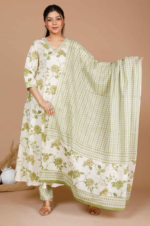 Miravan Womens Green Printed Anarkali Kurta With Palazzo And Dupatta