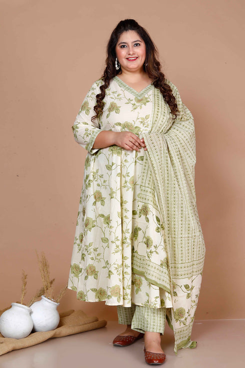 Miravan WomenS Plus Size Green Printed Anarkali Kurta With Palazzo And Dupatta